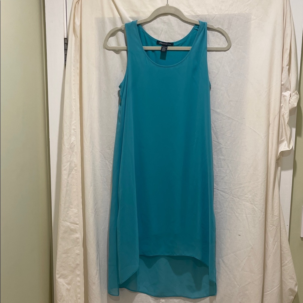 “Kenneth Cole” pre-owned Teal High-Low Sleeveless Shift Dress, liner underneath